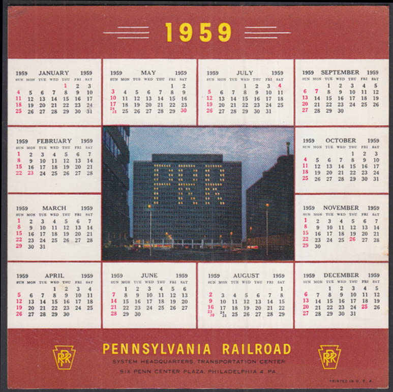 Pennsylvania Railroad 12-month calendar card 1959