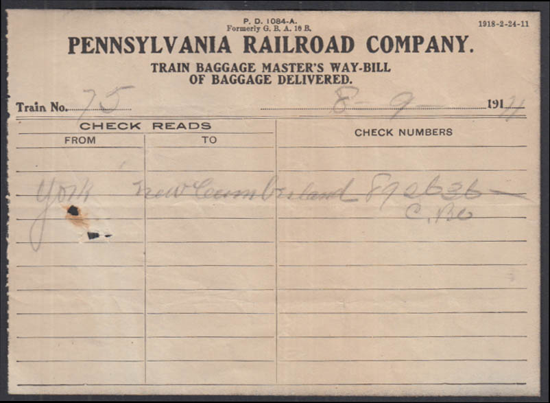 Pennsylvania RR Train Baggage Master Way Bill delivery form 1911