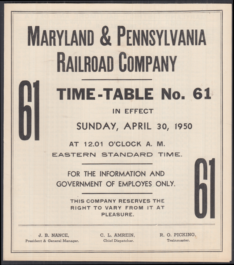 Maryland & Pennsylvania Railroad Employee Time-Table #61 4/30 1950