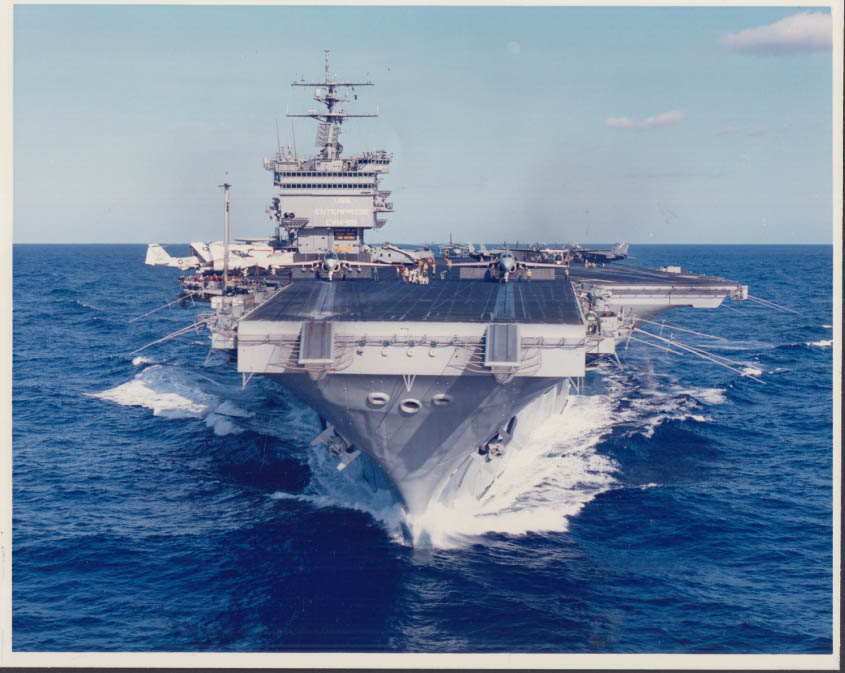 US Navy USS Enterprise Aircraft Carrier CVN-65 at sea prow view photo c ...