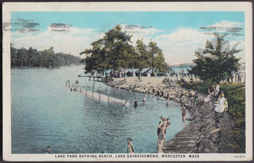 Lake Park Bathing Beach Lake Quinsigamond Worcester MA postcard 1929