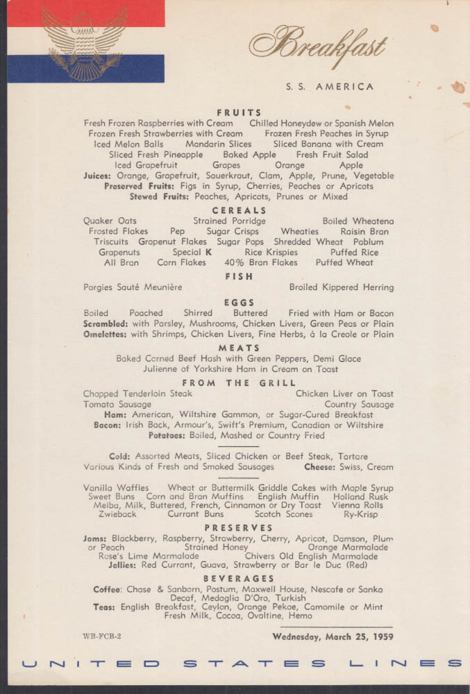 United States Lines S S America menu card Breakfast 3/25 1959