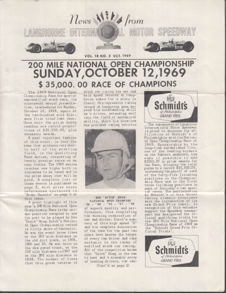 Langhorne International Motor Speedway NEWS 10 1969 National Open Race