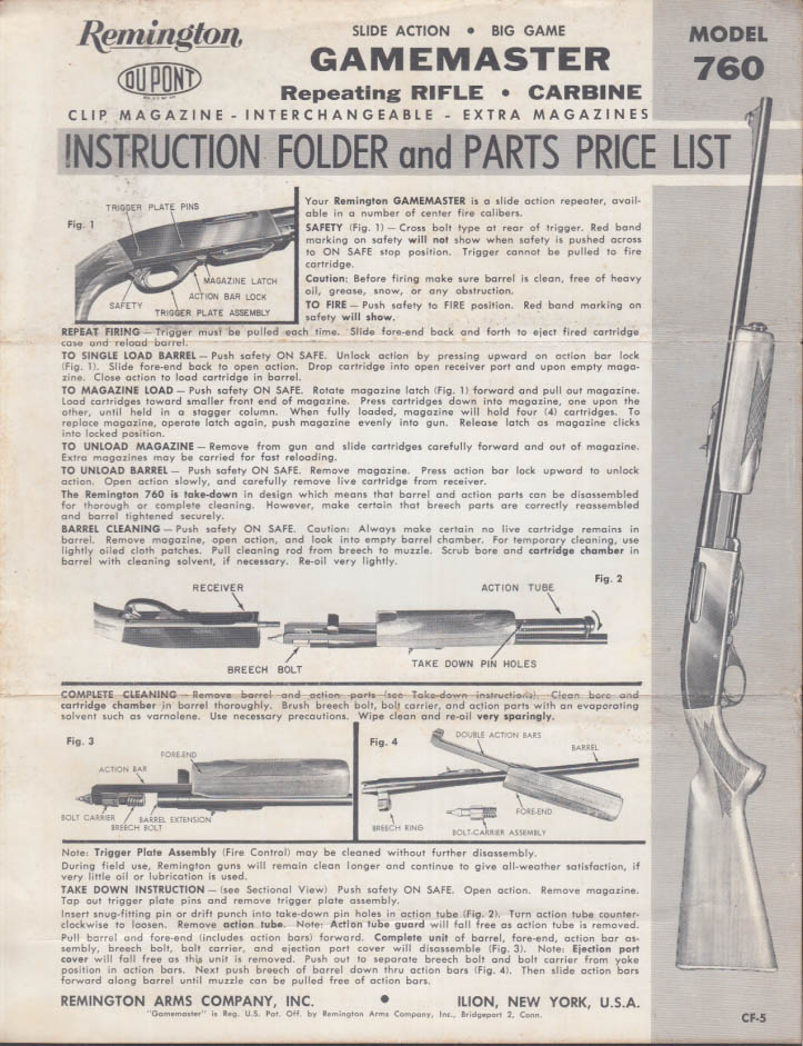 Remington Gamemaster Model 760 Repeating Rifle Carbine Instructions 1964