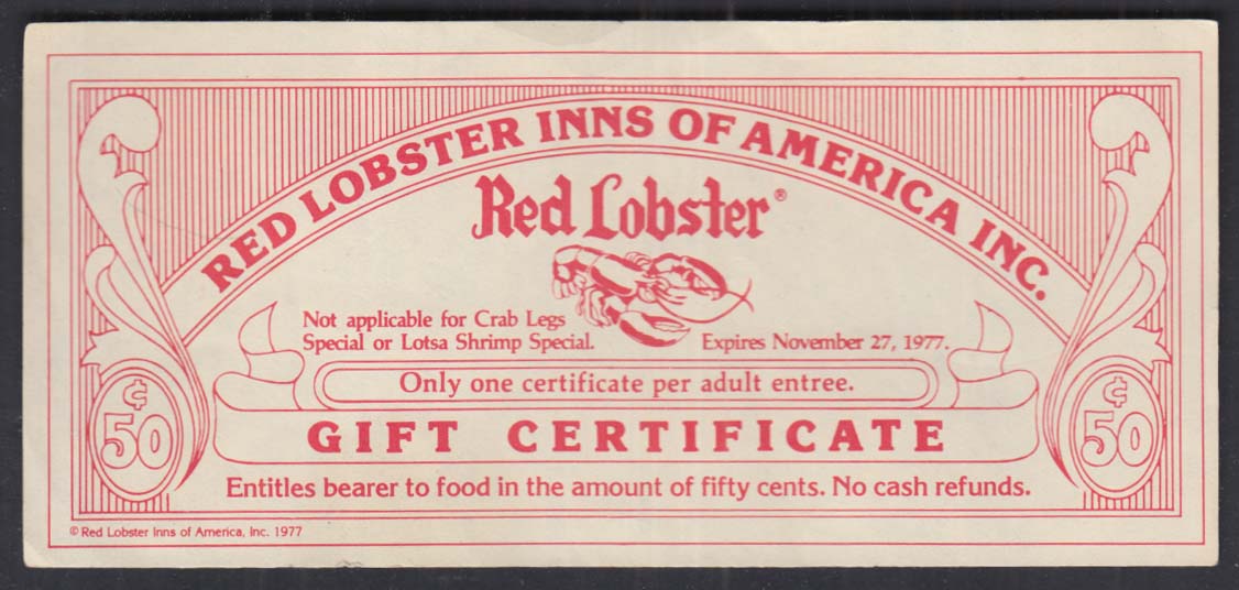 Red Lobster Inns of America 50¢ Gift Certificate 1977 expired