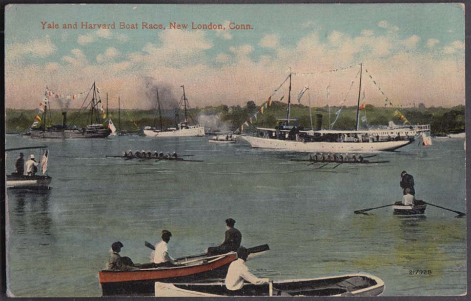 Yale & Harvard Boat Race at New London CT postcard c 1915 yachts at anchor