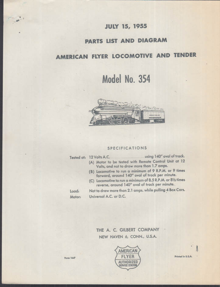 ORIGINAL American Flyer Parts List / Diagram 354 4-6-2 locomotive 1955