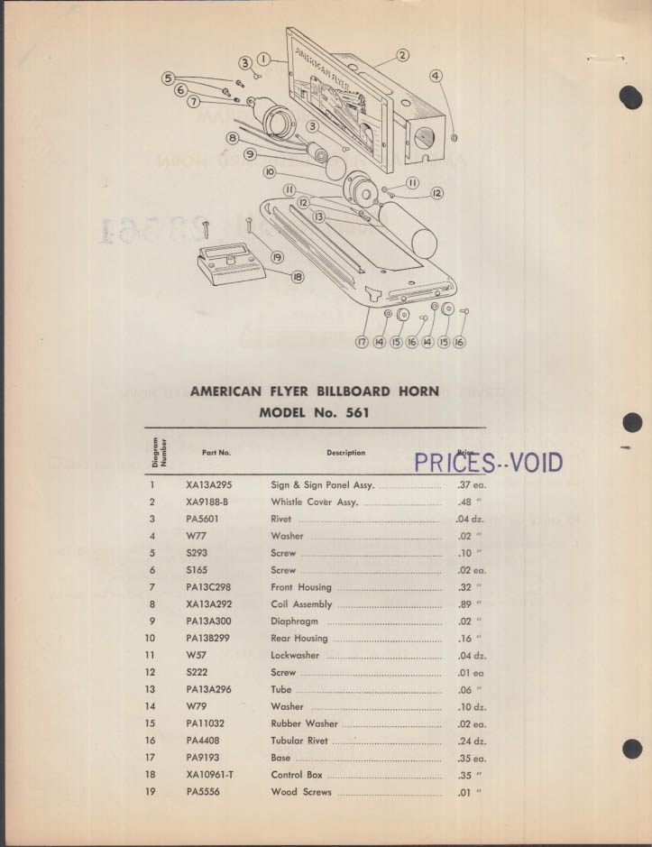 ORIGINAL American Flyer Parts List / Diagram 561 23561 Billboard Horn 1955