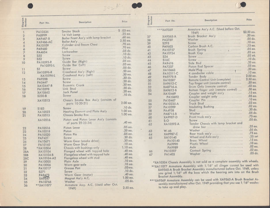 ORIGINAL American Flyer Parts List / Diagram 342AC 0-8-0 locomotive