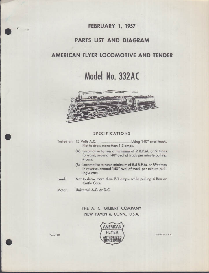 ORIGINAL American Flyer Parts List / Diagram 332AC 4-8-4 locomotive 1957