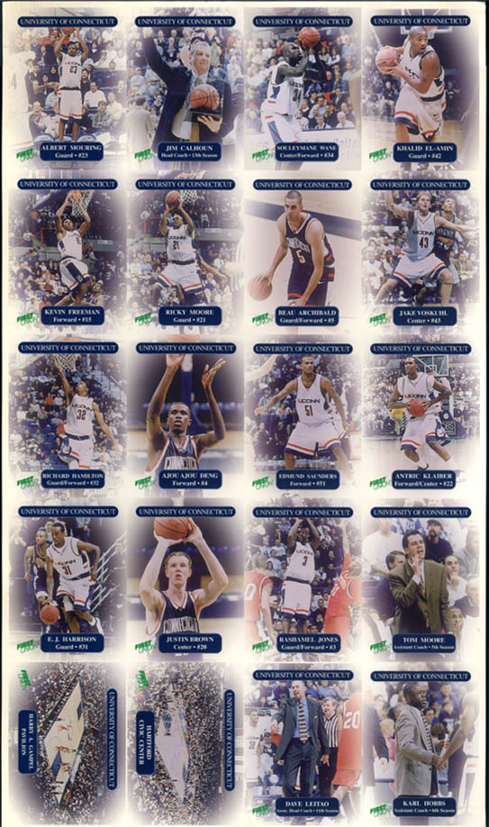 1998-99 UCONN Men's Basketball First Union trading card sheet uncut