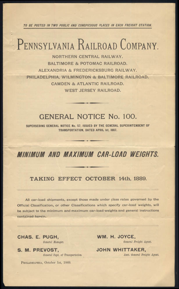 Pennsylvania Railroad Minimum / Maximum Car-Load Weights Notice 10/1 1889