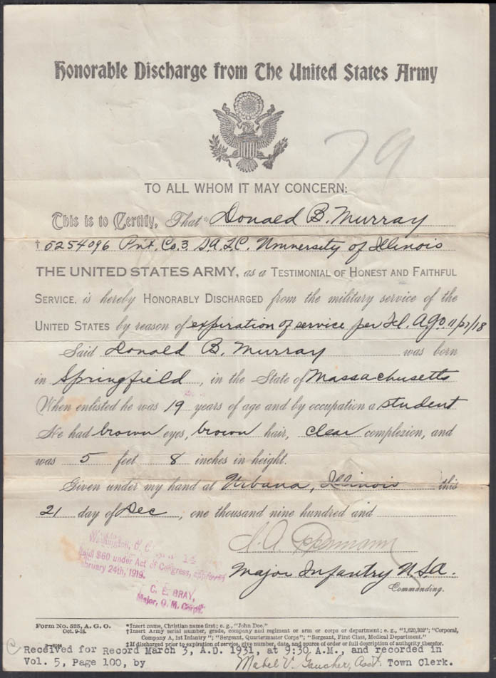 World War I Honorable Discharge for a Private 1918