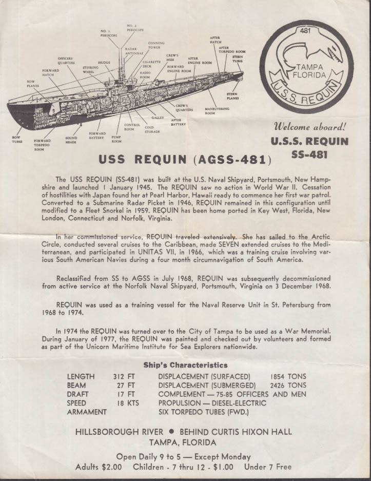 USS Requin AGSS-481 Submarine Welcome Aboard sheet Tampa FL 1970s