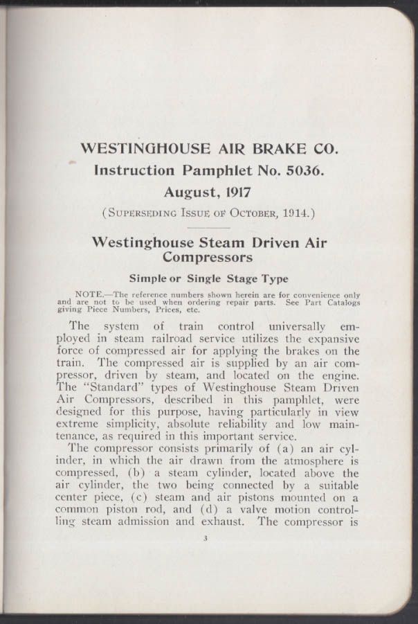 Westinghouse Air Brake Steam Driven Air Compressors Instructions 1917