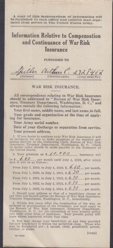 US Army War Risk Insurance receipt from 42nd Inf Co C Captain 1919 Camp ...