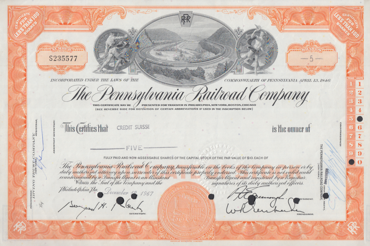 Pennsylvania Railroad stock certificate 5-shares 1967