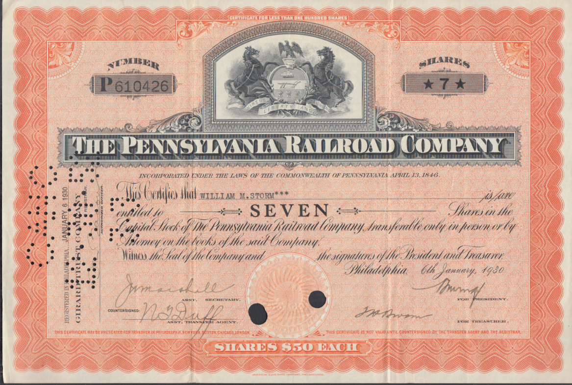 Pennsylvania Railroad stock certificate 7-shares 1930