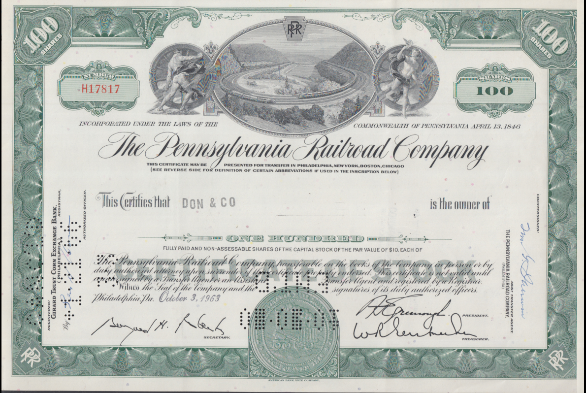 Pennsylvania Railroad stock certificate 100-shares 1963