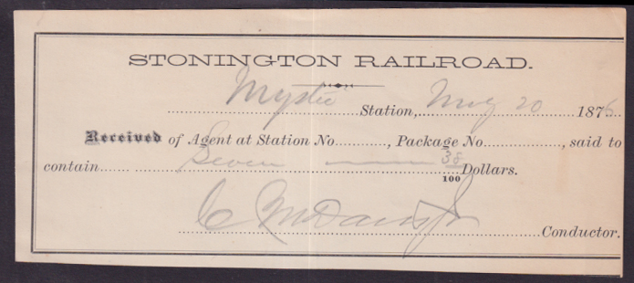 Stonington Railroad receipt 1987 Mystic Station $7.35 C M David Jr ...