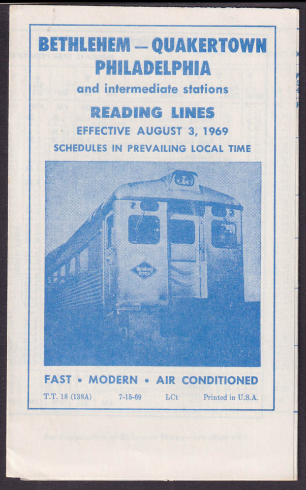 Reading Railroad Timetable 8/3 1969 Bethlehem-Quakertown-Philadelphia