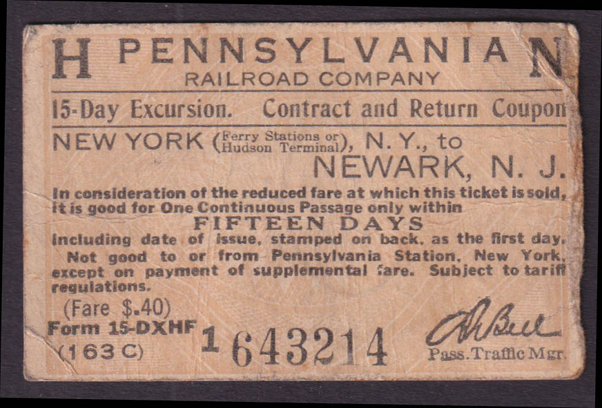 Pennsylvania RR 15-Day excursion ticket New York-Newark NJ 7/6 1923