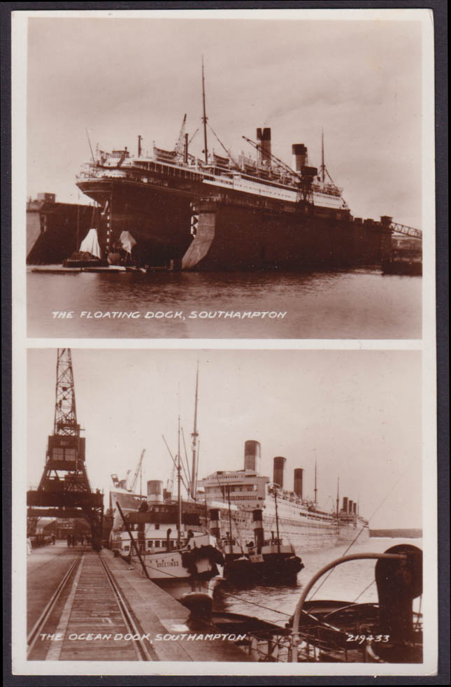 Cunard RMS Queen Mary &c Southampton dock RPPC postcard 1944 war notes