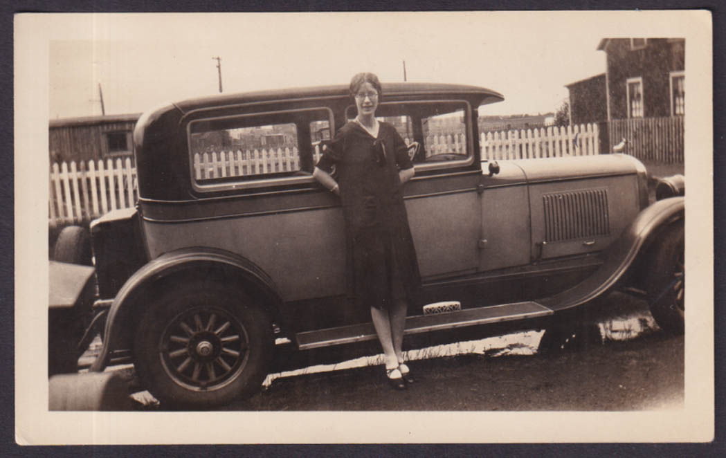 c 1930 Reo 2-door sedan woman in spectacles vernacular snapshot