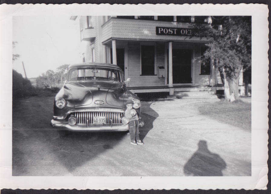 Little boy & 1951 Buick at Clinton MA Post Office vernacular photo