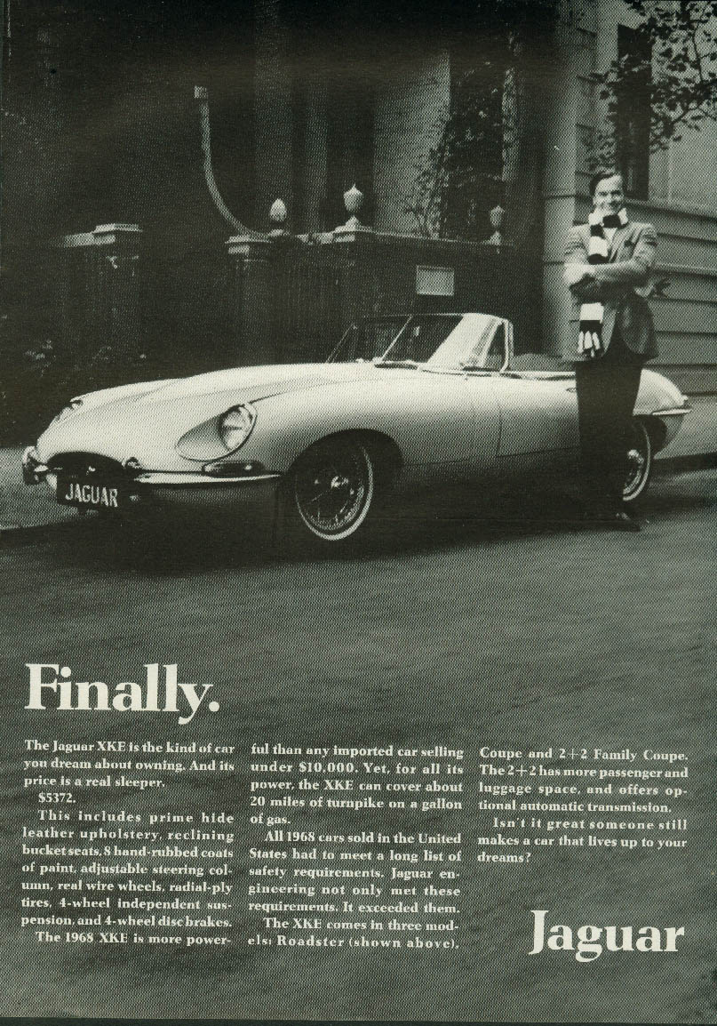 Finally. Its price is a real sleeper $5372. Jaguar XK-E Roadster ad 1968