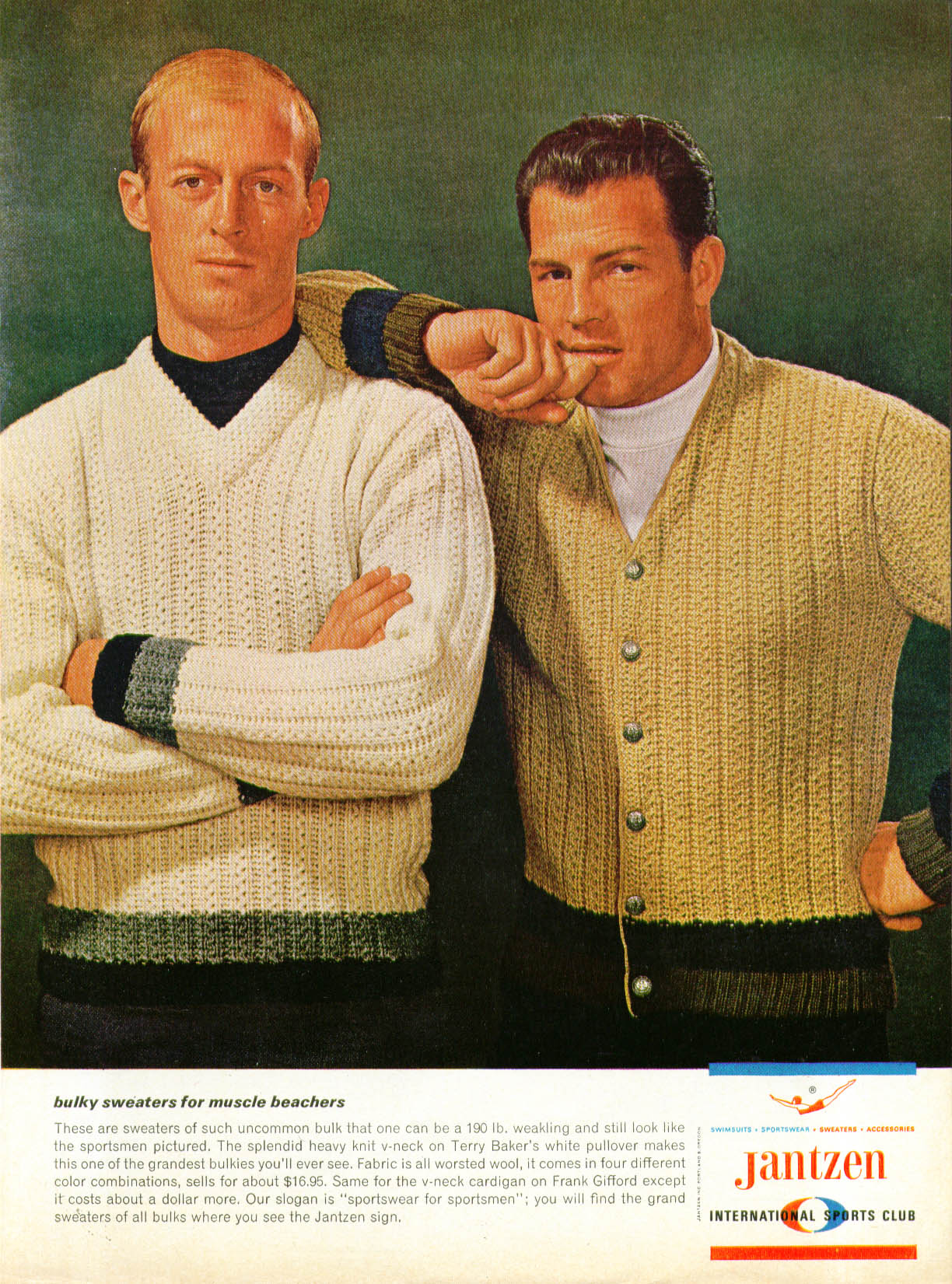 Terry Baker & Frank Gifford Jantzen Bulky Sweaters for Muscle Beachers ...