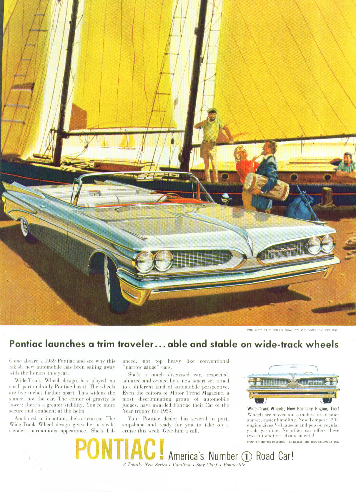 Pontiac launches a trim traveler ad 1959 Convertible sailing motif