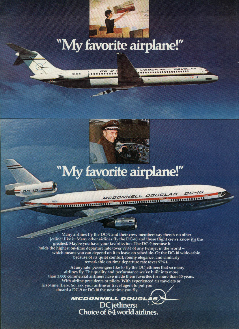 My favorite airplane! McDonnell Douglas DC-9 & DC-10 jetliners ad 1975