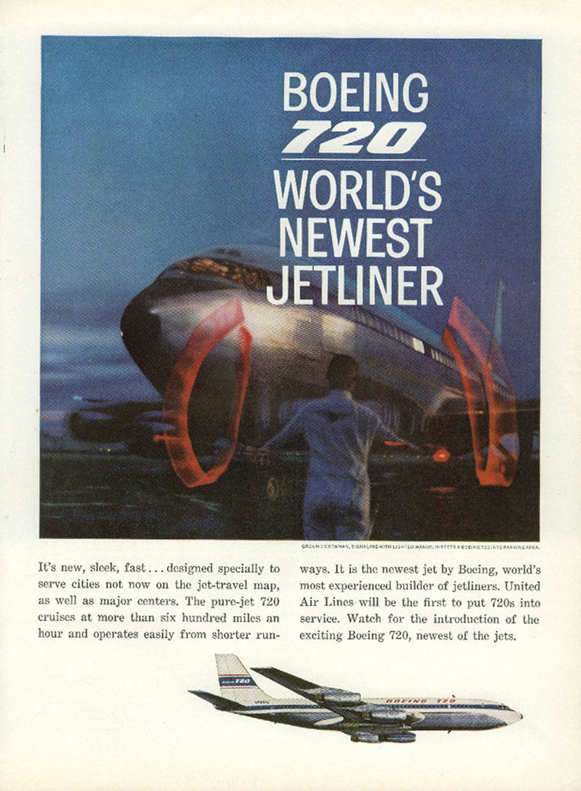 World's newest jetliner sleek fast Boeing 720 ad 1960