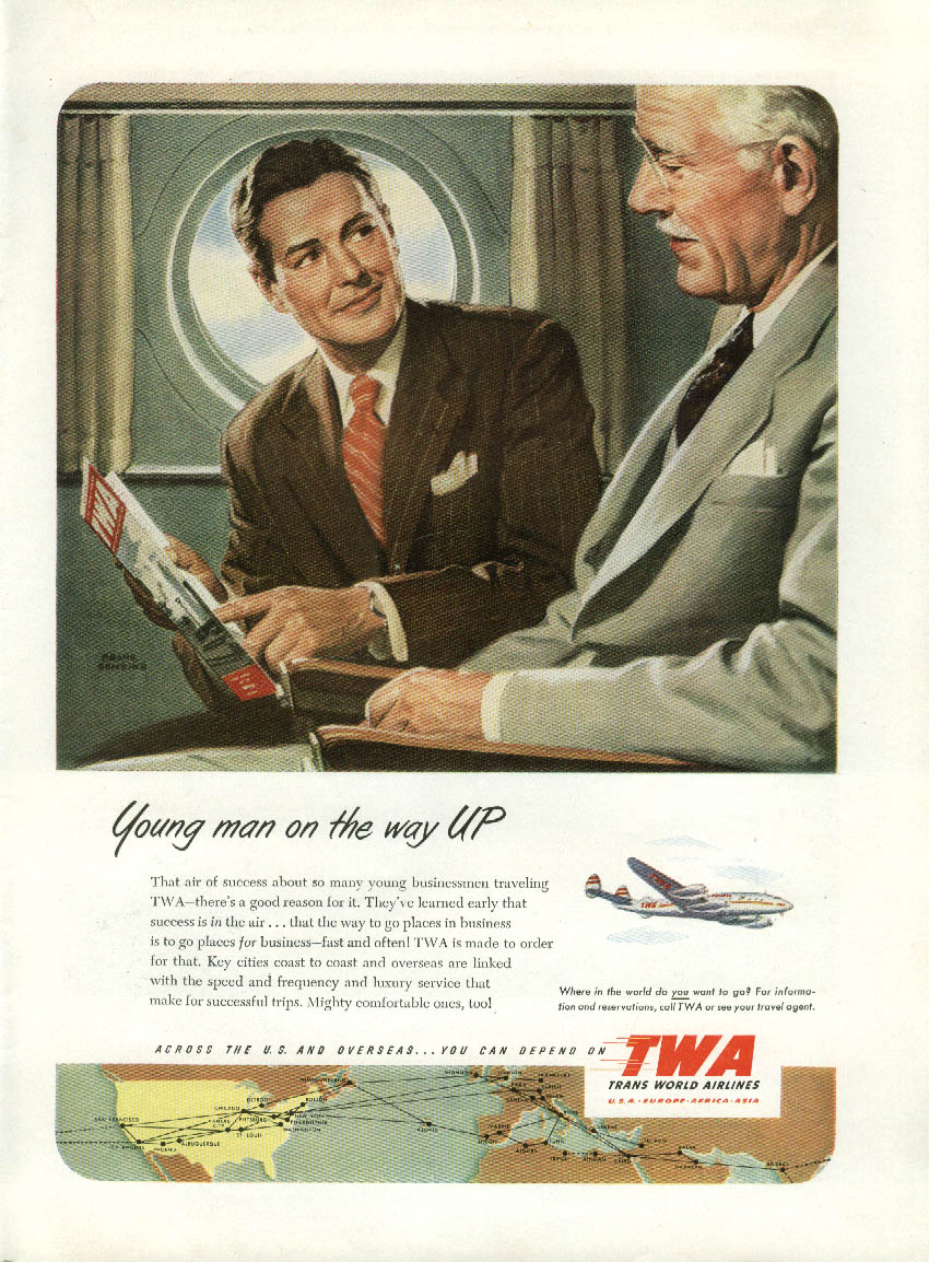 Young man on the way up TWA Trans World Airlines Constellation ad 1952 NY