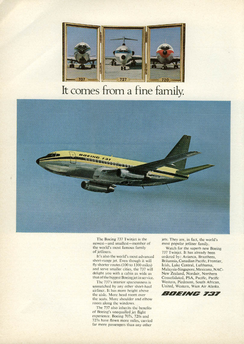 It comes from a fine family. Boeing 737 Twinjet ad 1967