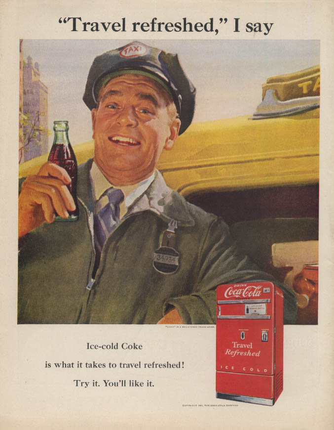 Travel refreshed, I say Coca-Cola ad 1951 taxicab driver taxi cab Collier's