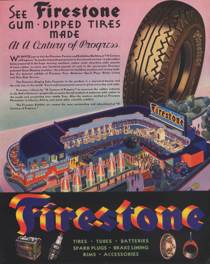 See Firestone Gum-Dipped Tires made at Chicago Century of Progress ad 1933