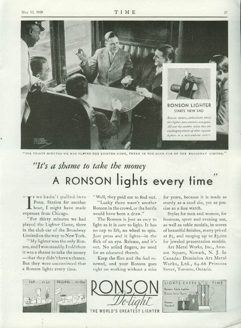 Ronson cigarette lighter lights every time on Broadway Limited ad 1929