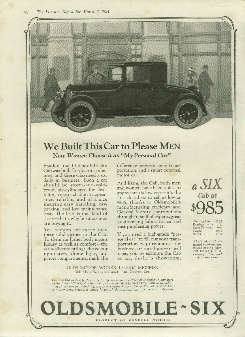 Built to please MEN Now Women choose it Oldsmobile Six Coupe ad 1924