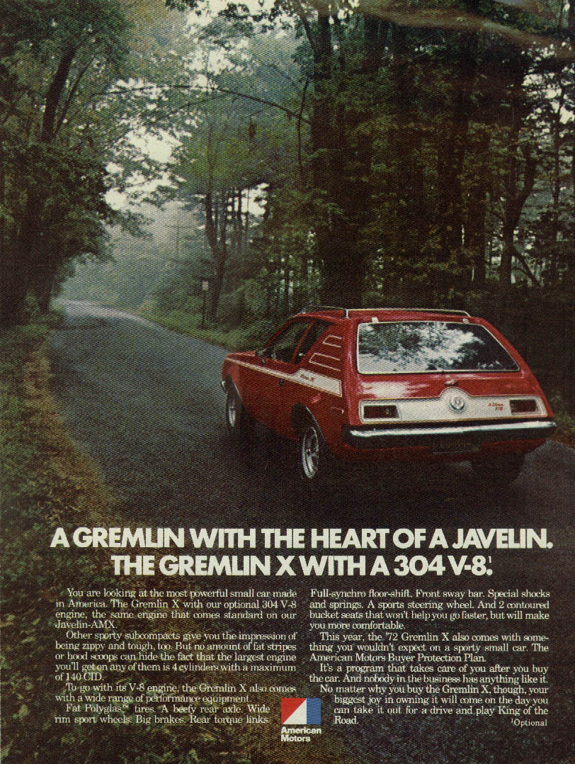 A Gremlin with the Heart of a Javelin Gremlin X 304 V-8 AMC ad 1972