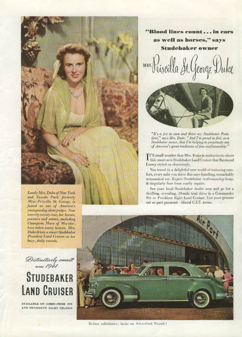 Mrs Priscilla St George Duke for Studebaker Land Cruiser ad 1941 Cosmo