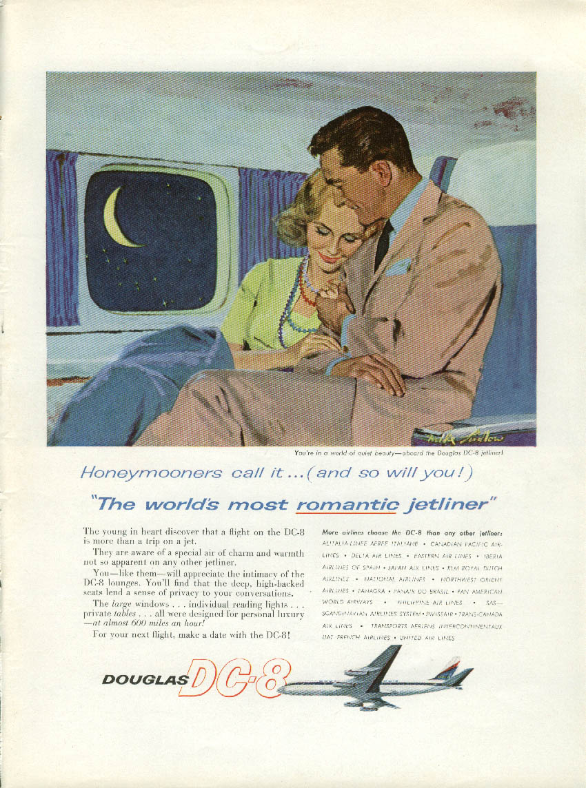 Honeymooners call it the most romattic jetliner Douglas DC-8 ad 1960 NY