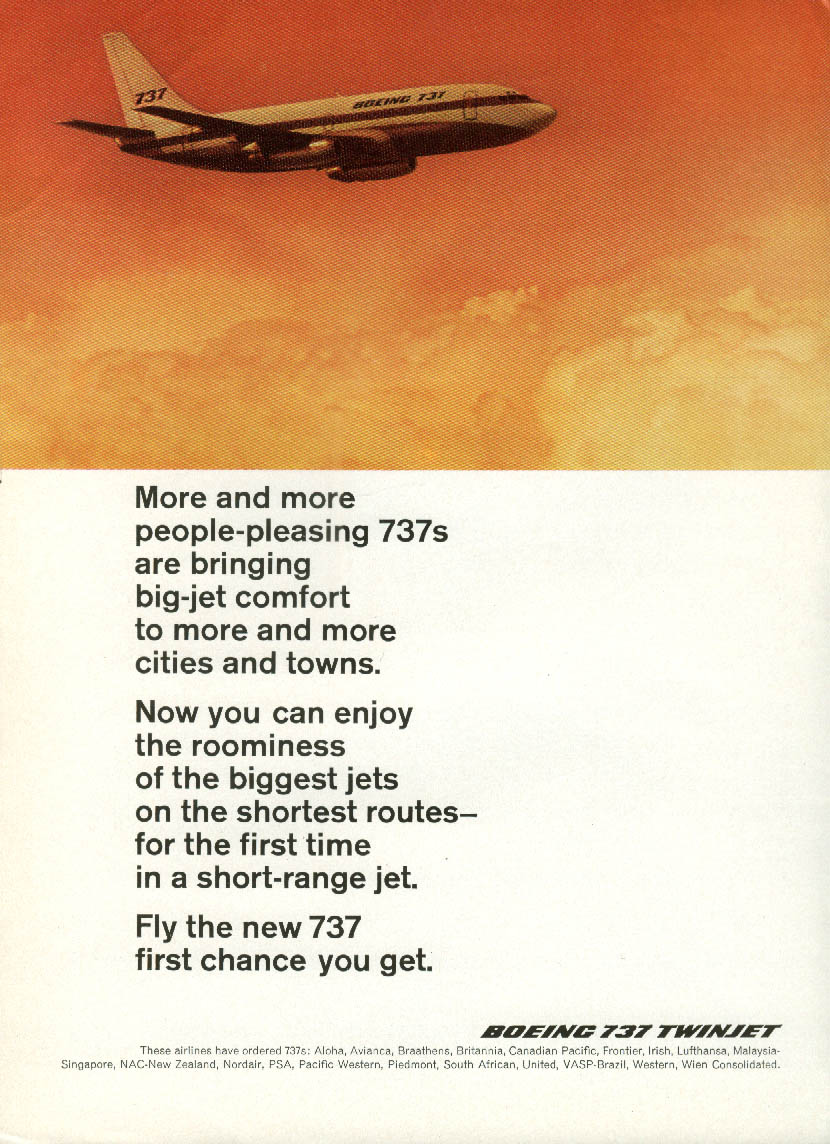 Roominess of biggest jets on shortest routes Boeing 737 Twinjet ad 1968 NY