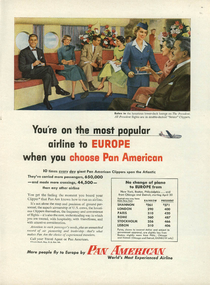 Most popular airline to Europe Pan American Stratocruiser Clipper ad 1954