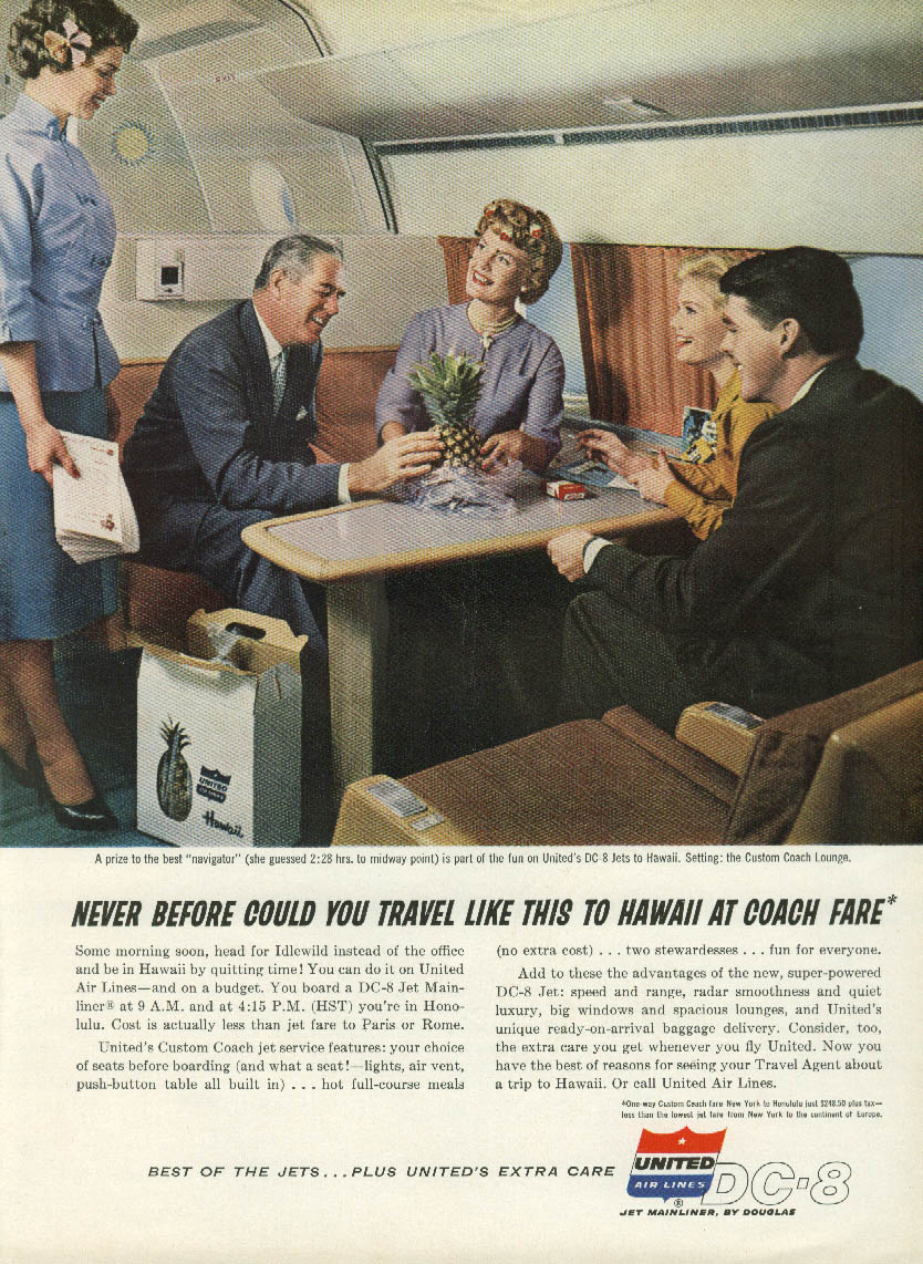 Travel like this to Hawaii at Coach United Air Lines DC-8 ad 1960 ...