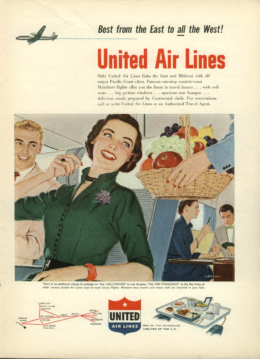 Best from the East to all the West United Air Lines ad 1952 stewardess DC-6