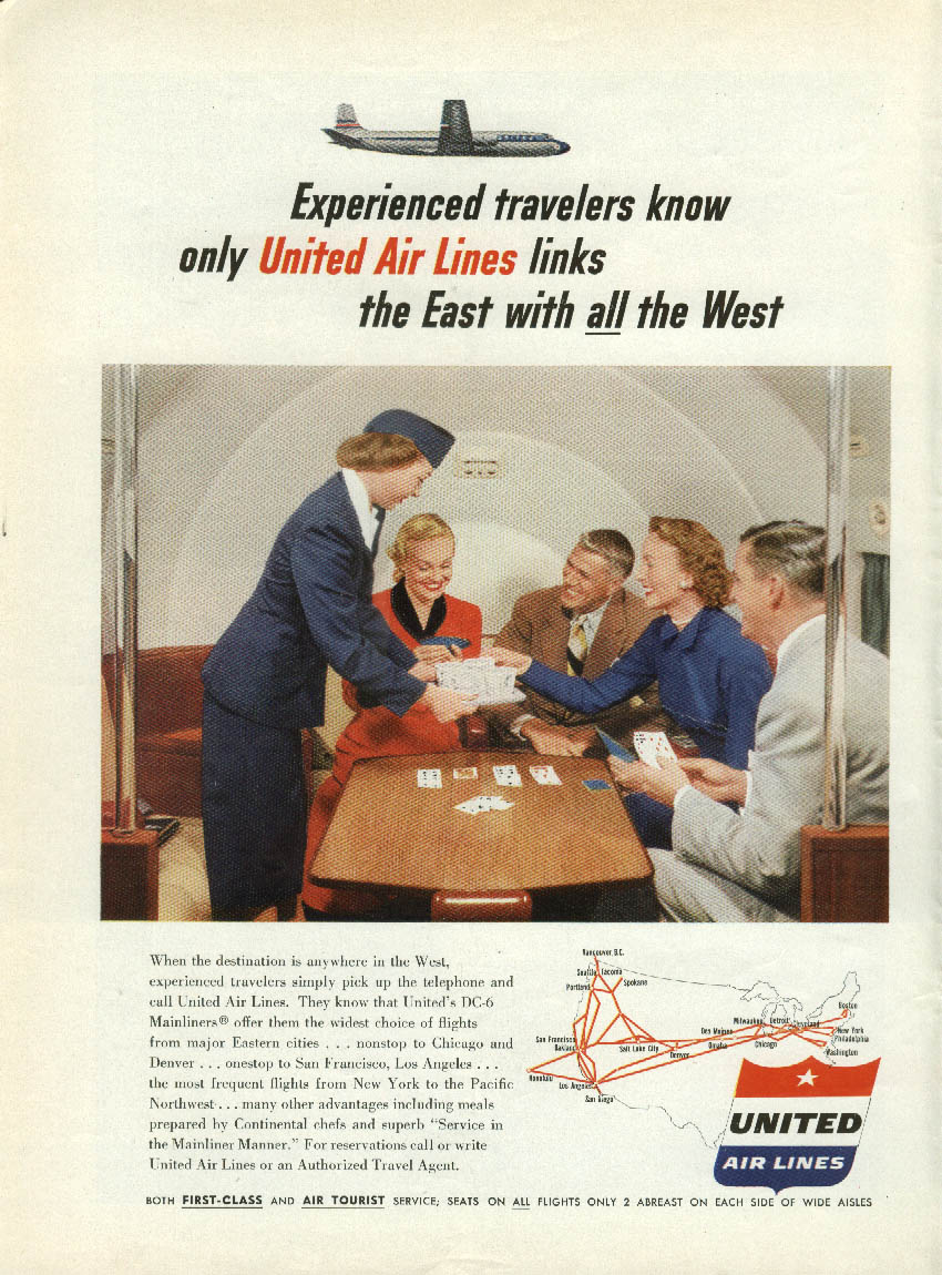 Experienced travelers know United Air Lines DC-6 ad 1953 stewardess NY