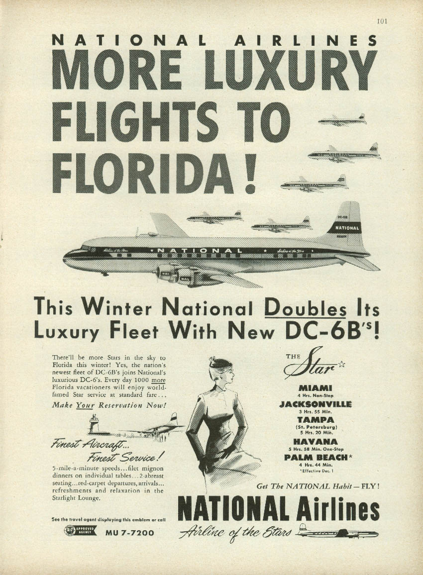 More luxury flights to Florida! National Airlines DC-6B ad 1952