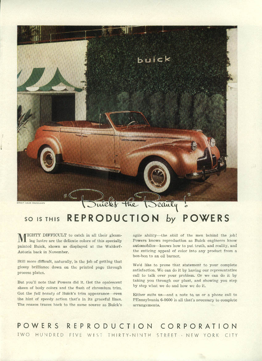 Buick Convertible Sedan in Powers Reproduction ad 1939 NY